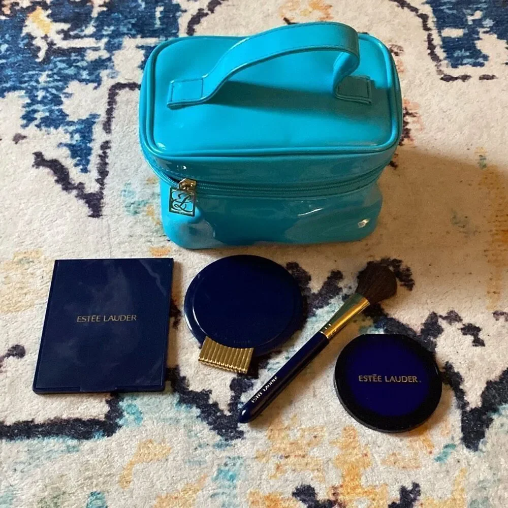 Estée Lauder make up bag train case with compact mirrors and blush brush